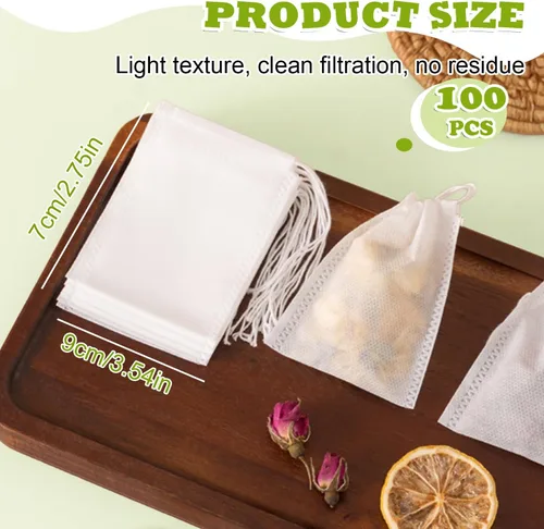 Vista 2 de WALWAL 100 bolsas de té desechables para té de hojas sueltas, bolsas de filtro de té biodegradables con cordón, bolsas infusoras de té de fibra