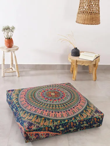 Vista 9 de Popular Handicrafts Funda de cojín de suelo – Funda de cojín de mandala de elefante hippie grande de algodón – Funda de puf redonda bohemia Azul