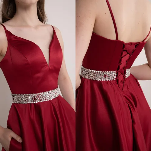 Vista 5 de Vestidos de Satén para Graduación 2025 con Tirantes Espagueti, Vestidos Cortos de Baile con Cuello en V con Cuentas, Vestidos Formales de Noche