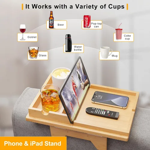 Vista 5 de Bestjing Bandeja de bambú para portavasos de sofá – 2 en 1 con soporte doble desmontable Be Slide-Away – Sofá sillón Caddy para beber aperitivos
