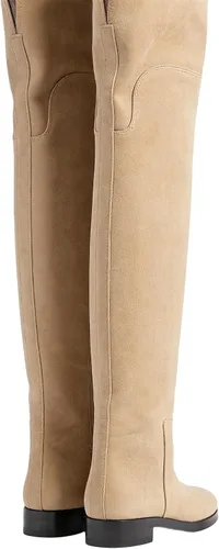 Vista 2 de YDN Botas planas de pantorrilla ancha para mujer, con puntera redonda, por encima de la rodilla, con tacón bajo, botas altas hasta el muslo, zapatos