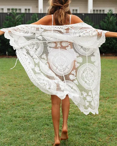 Vista 7 de JDiction Traje de baño para mujer, kimono, vestido largo de playa, con encaje floral, bikini