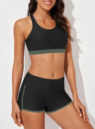 Vista 3 de Aleumdr Traje de baño deportivo de 3 piezas para mujer con pantalones cortos, camiseta sin mangas con brasier deportivo y pantalones cortos