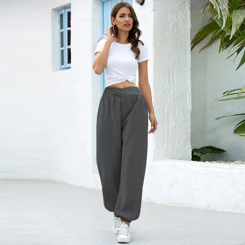 Vista 7 de HOPYOP Pantalones deportivos casuales para mujer, pantalones cruzados en V, cintura alta, holgados, pantalones para descansar