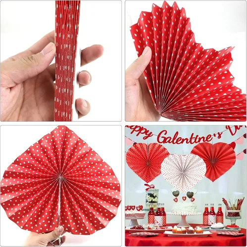 Vista 4 de Reofrey 6 piezas de decoración de corazón de abanico de papel, diseño de corazón rojo, decoración del día de San Valentín, para San Valentín