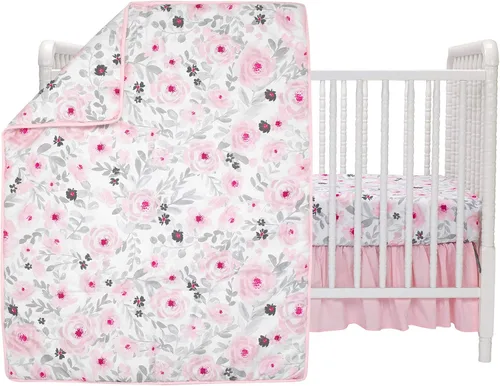Vista 2 de Bedtime Originals Juego de cama para cuna de bebé de 3 piezas con diseño floral de acuarela rosa