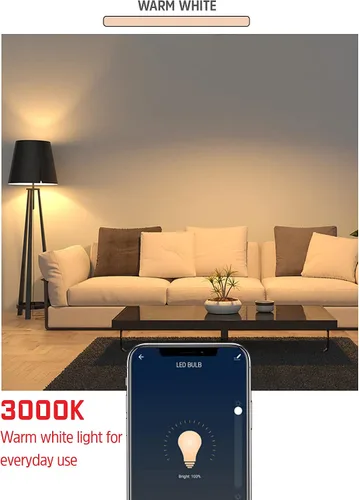 Vista 3 de Energizer Connect Smart A19 Bombilla LED blanca cálida con control de voz y acceso remoto a través de tu teléfono inteligente Compatible con Alexa
