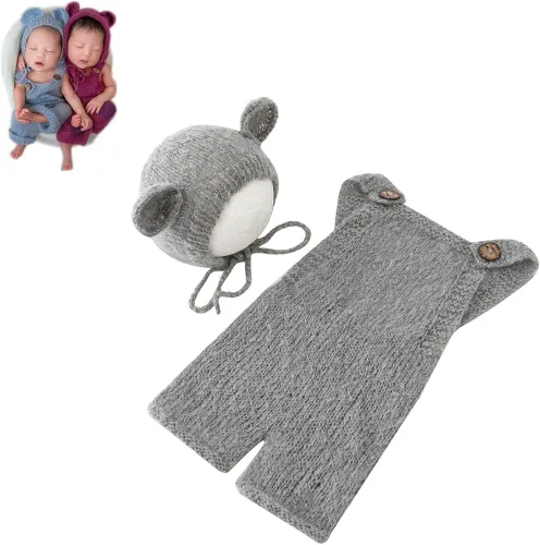 Vista 2 de Vemonllas Accesorios de fotografía para recién nacidos trajes para niños y niñas gorro de oso mohair y con pantalones de tirantes accesorios