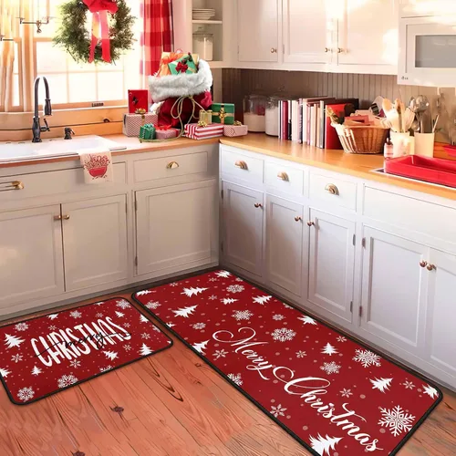 Vista 3 de Juego de 2 alfombras y tapetes de cocina de Navidad, decoraciones navideñas para el hogar, parte trasera antideslizante, tapete de cocina de Copo