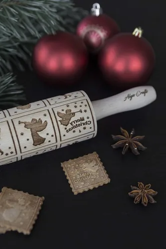 Vista 3 de Rodillo de amasar con relieve de ángeles navideños FELIZ NAVIDAD para decorar galletas de jengibre navideñas