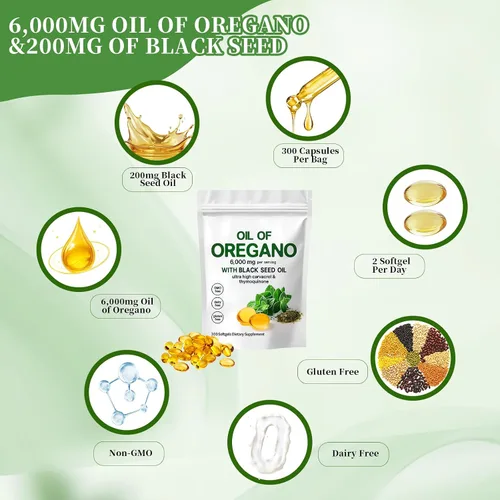 Vista 7 de Aceite de orégano con aceite de semilla negra, cápsulas de aceite de orégano 2 en 1 orgánicas, 6000 mg por porción, 300 cápsulas blandas, carvacrol