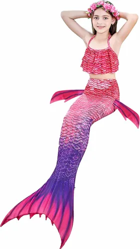Vista 3 de Colas de sirena para nadar para niñas, 5 piezas, conjunto de traje de baño de bikini de 4 a 13 años