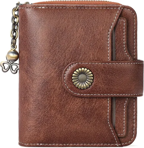 Vista 9 de Cartera de piel con bloqueo RFID para mujer con bolsillo con cremallera, pequeña cartera compacta con sección de efectivo, 8 tarjeteros de crédito