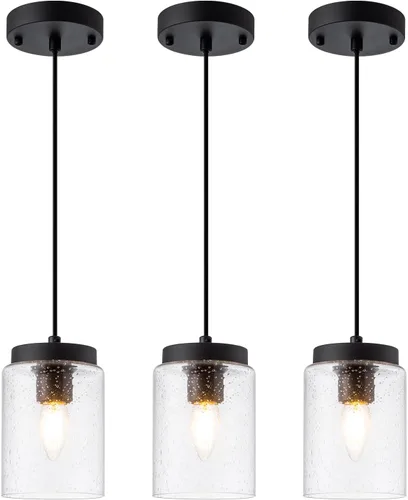 Vista 13 de Mini lámpara colgante industrial moderna de vidrio con semillas de burbujas, cilindro de iluminación colgante de cable ajustable para isla