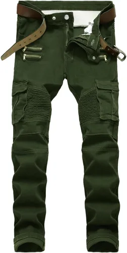 Vista 24 de Baylvn - Pantalones de mezclilla para hombre con diseño patchwork, ajustados y cómodos, estilo motociclista 3132 Camuflaje y azul