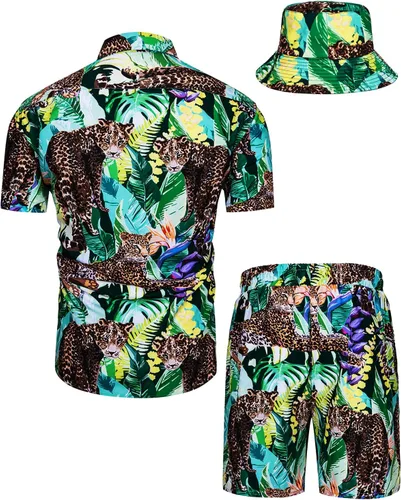 Vista 7 de TUNEVUSE Conjunto de camisas y pantalones cortos hawaianos para hombre, 2 piezas, trajes de playa con estampado de flores, traje tropical de verano