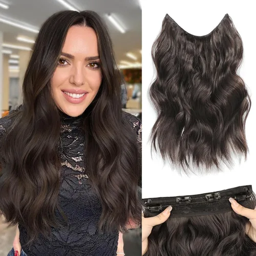Vista 23 de Extensiones de Cabello con Alambre Invisible - Extensiones de Cabello Halo de 14 Pulgadas Largas Onduladas Postizo Sintético con Alambre
