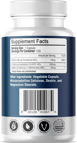Vista 4 de 5-HTP Ultra 200mg 120 cápsulas – Suministro para 4 meses para el sueño, el estado de ánimo y la salud cerebral Fortificado con SAM-e
