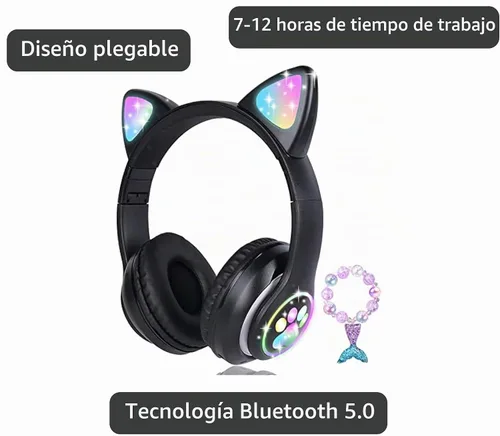 Vista 3 de Cat Ear - Auriculares para niños, Bluetooth, con luz LED, modo inalámbrico/con cable sobre la oreja con micrófono integrado para la escuela/viajes
