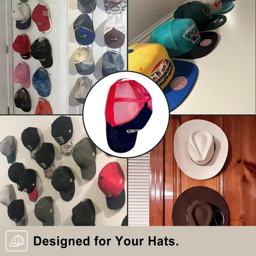 Vista 3 de Ganchos adhesivos para sombreros de pared (paquete de 12), colgador de sombreros sin perforaciones para organizador de gorras de béisbol de pared
