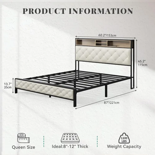 Vista 2 de YITAHOME Base de cama de plataforma tamaño Queen con cabecera de 45.2 pulgadas de alto, cabecera de almacenamiento tapizada con estación de carga
