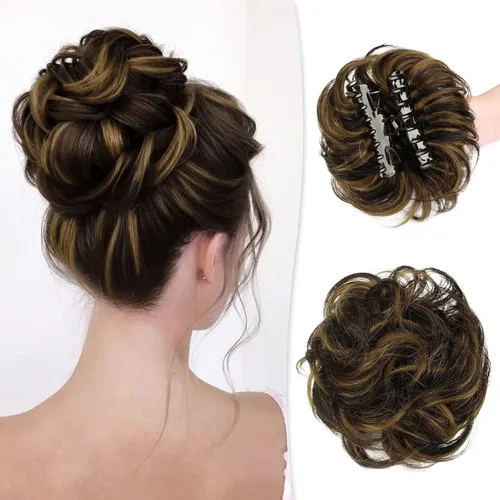 Vista 33 de RUWISS Extensiones de cabello humano real, ondulado y rizado, moño despeinado, cola de caballo para mujer (12H24# castaño rojo/rubio mediano)