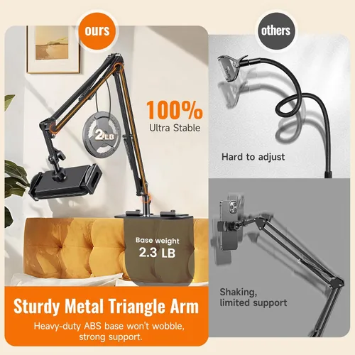 Vista 5 de Soporte de teléfono para cama y Kindle para cama, soporte para teléfono celular, soporte ajustable de metal giratorio de 360° para iPad Pro Air