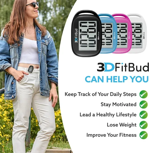 Vista 4 de 3DFitBud Simple Contador de Pasos - Podómetro 3D para caminar de 3DActive con clip, cordón, rastreador de pasos preciso, pantalla grande, fácil