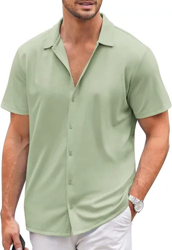 Vista 9 de COOFANDY Camisa casual con botones para hombre, manga corta, sin arrugas, camisa de verano Negro