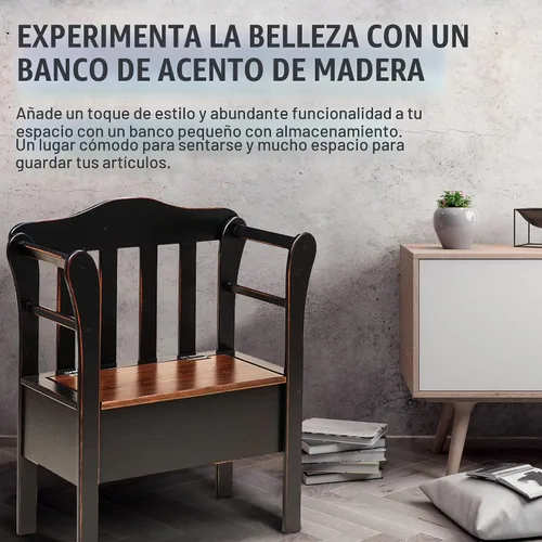 Vista 7 de Peaceful Classics Banco de almacenamiento de entrada de madera, negro
