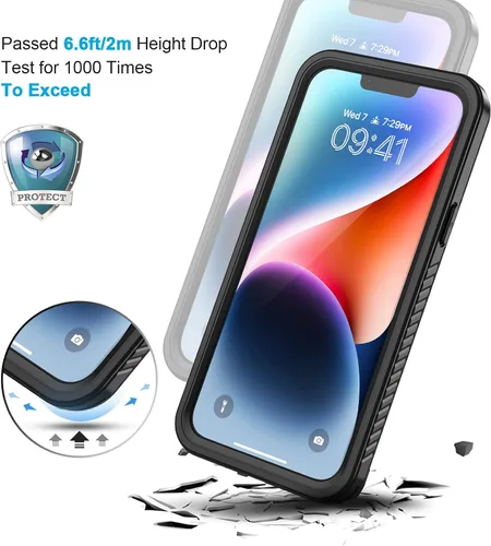 Vista 5 de Lanhiem Funda para iPhone 14, impermeable IP68 a prueba de polvo con protector de pantalla integrado, resistente a prueba de golpes de cuerpo Negro