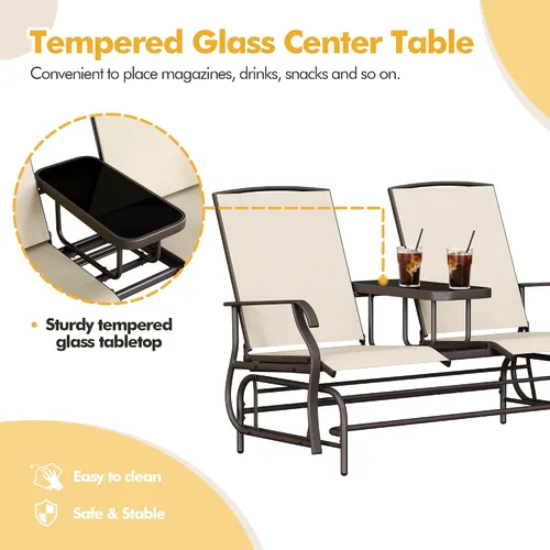 Vista 4 de Yaheetech Planeador de 2 asientos para exteriores con mesa central, sofá biplaza mecedora para patio con marco de metal resistente de malla Beige