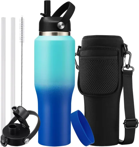 Vista 24 de Botella de agua de acero inoxidable de 32 onzas, frío-48 horas y caliente-24 horas, termo con popote y tapas de boquilla, bolsa, botella aislada al