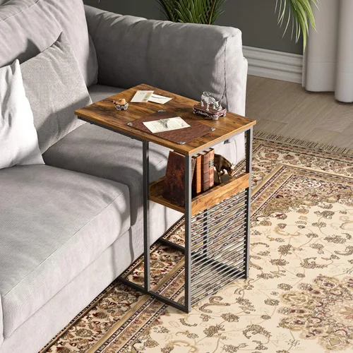 Vista 5 de Cubiker Mesa auxiliar para sofá, mesa auxiliar con estante de madera, mesa de sofá en forma de C para sala de estar, dormitorio, mesita de noche