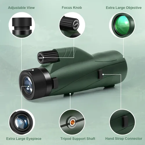 Vista 2 de Telescopio monocular de alta potencia 12x56 para adultos con bolsa de Verde