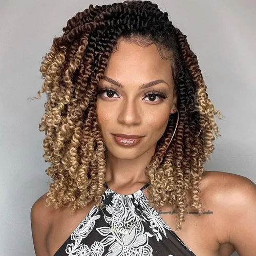 Vista 29 de Leeven Cabello rubio degradado de 14 pulgadas, pretrenzado y trenzado de pasión, 8 paquetes de extensiones de cabello sintético bohemio para mujeres