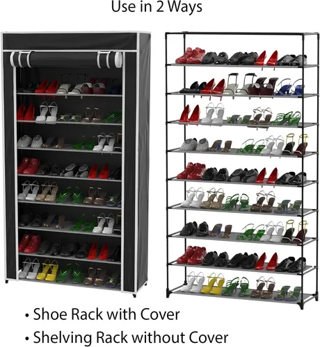 Vista 5 de Lavish Home Zapatero de 9 niveles con cubierta para polvo y marco de metal, organizador vertical independiente de almacenamiento de calzado (negro)