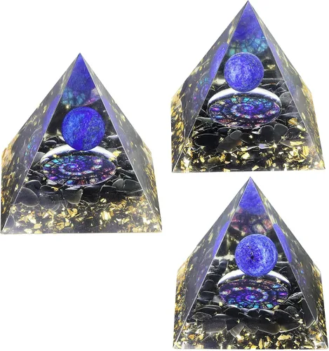 Vista 4 de Amogeeli Pirámide de cristal de orgón de lapislázuli con protección de símbolo espiritual para decoración de oficina en casa