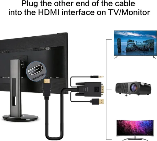 Vista 5 de VCOM Cable VGA a HDMI de 6 pies, adaptador VGA a HDMI con alimentación USB y audio, salida de fuente VGA de PC de 1080 p a 60 Hz a TV/monitor
