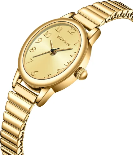 Vista 2 de BOFAN Relojes pequeños de oro para mujer, relojes de pulsera de cuarzo de fácil lectura con banda de expansión de acero inoxidable, resistente al