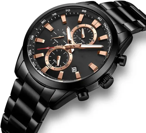 Vista 2 de Reloj de pulsera analógico de cuarzo para hombre, cronógrafo, impermeable, correa de cuero, correa de cuero, reloj de pulsera