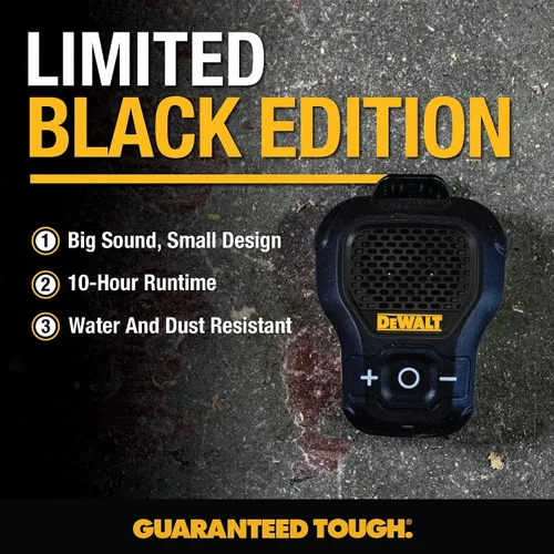 Vista 2 de DEWALT Altavoz Bluetooth Portátil Vestible [Edición Onyx - Negro] Altavoz Portátil Inalámbrico con Clip para Sitio de Trabajo Pro Resistente al Agua