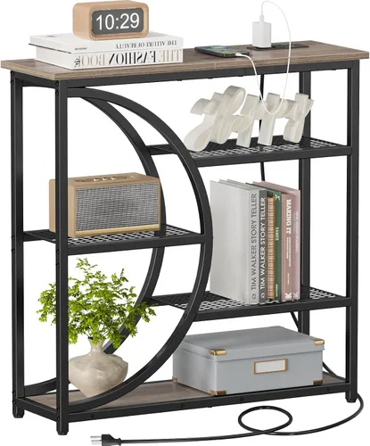 Vista 8 de Snughome Mesa de entrada, mesa de consola estrecha, mesa de sofá industrial con estantes de almacenamiento de 5 niveles, mesa de entrada