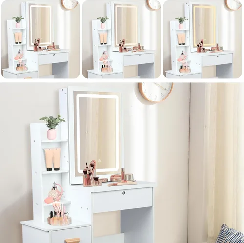 Vista 8 de Escritorio de tocador con espejo iluminado LED, mesa de tocador de maquillaje con 4 cajones para dormitorio, baño, tocador con luces, tocador