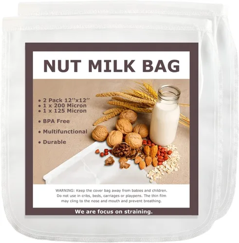 Vista 2 de Bolsas de leche de nueces, bolsas de estopilla naturales, 12 x 12 pulgadas, paquete de 2, bolsas de tela 100% algodón sin blanquear