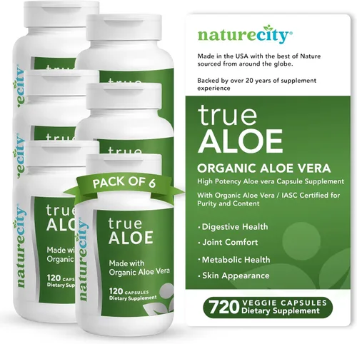 Vista 9 de NatureCity True-Aloe 80,000 mg equivalente de gel de aloe vera por porción, fabricado con aloe vera orgánico (120 cápsulas) soporte digestivo