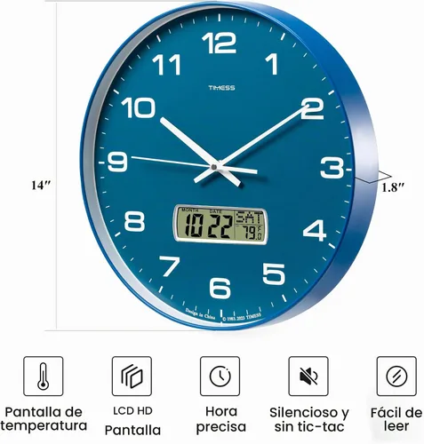Vista 6 de Reloj de pared TIMESS, de 14" de gran dial, silencioso, sin tictac, funciona con pilas, analógico con pantalla LCD para calendario perpetuo y Azul
