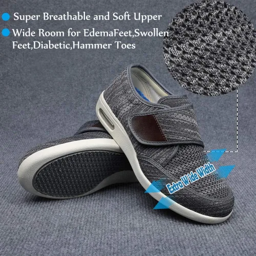 Vista 5 de Zapatos anchos con correa ajustable, zapatos para diabéticos para pies hinchados, fáciles de poner y quitar para personas mayores