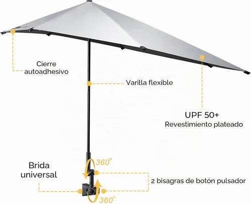 Vista 2 de G4Free Sombrilla de playa ajustable UPF 50+ XL con abrazadera universal para silla, cochecito, silla de ruedas, carrito de golf, grada, patio