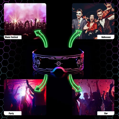 Vista 2 de Paquete de 2 lentes LED de vidrio iluminado para fiestas para niños y adultos, lentes de sol futuristas multicolor, accesorios espaciales, gafas